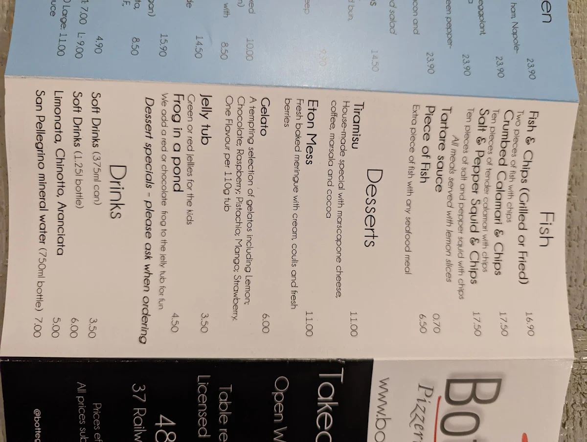 Menu, Bottega B Ristorante