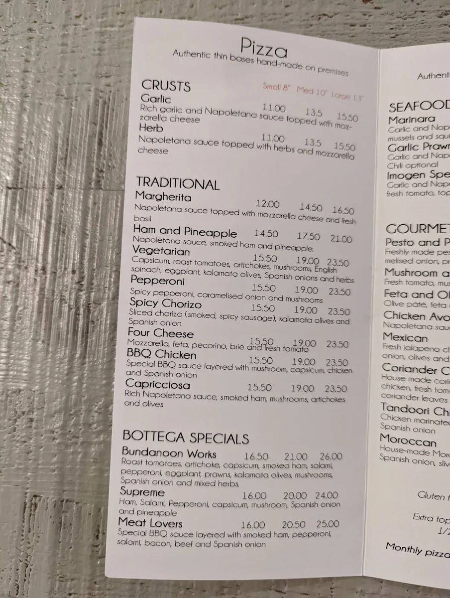 Menu, Bottega B Ristorante