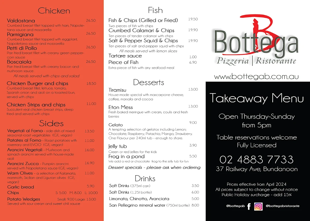 Menu, Bottega B Ristorante