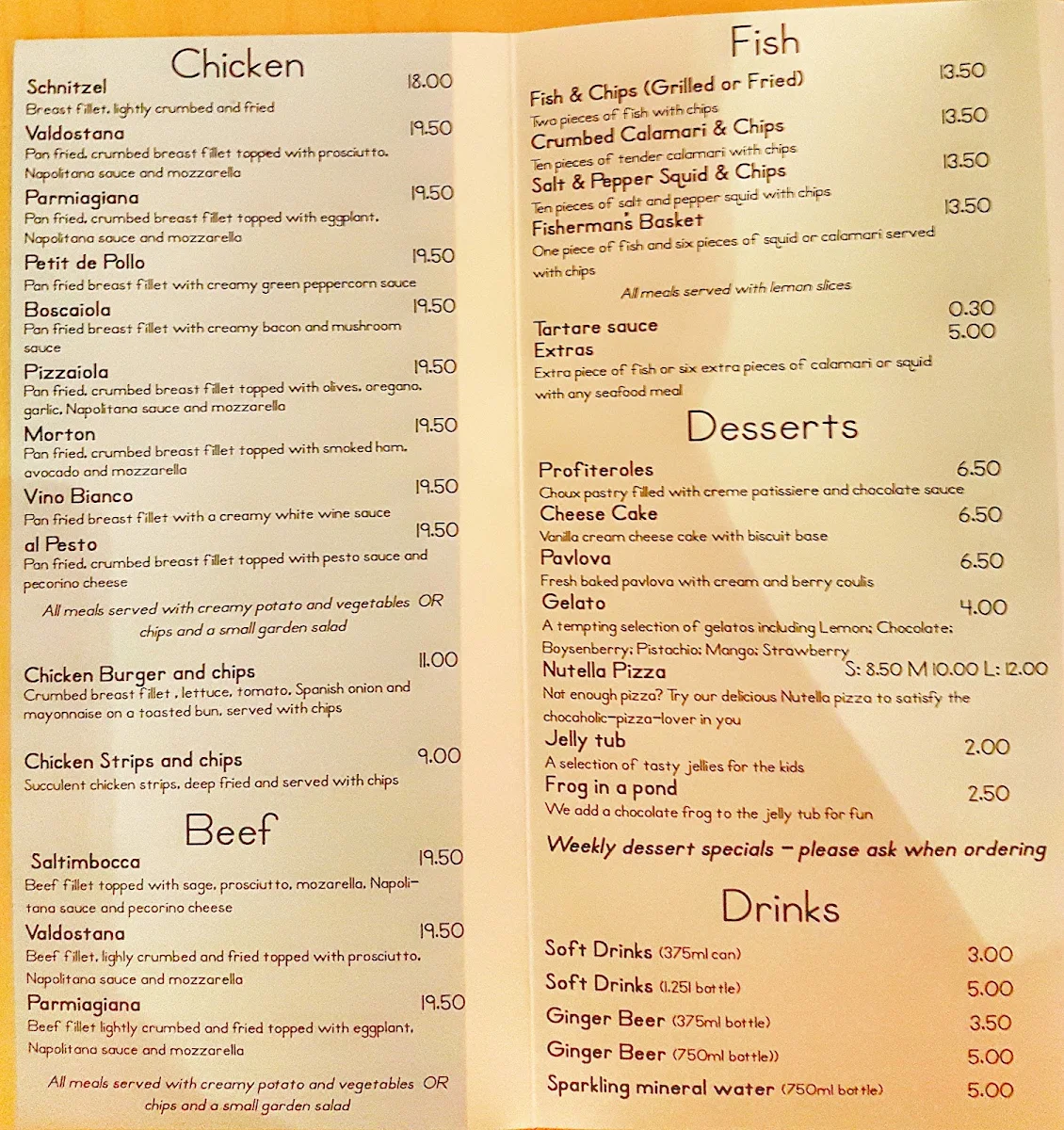 Menu, Bottega B Ristorante