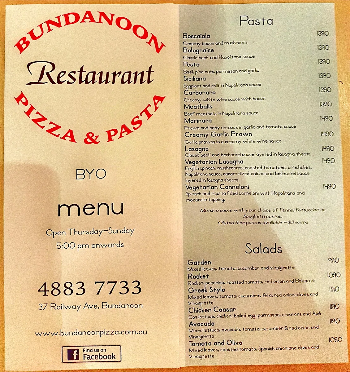 Menu, Bottega B Ristorante