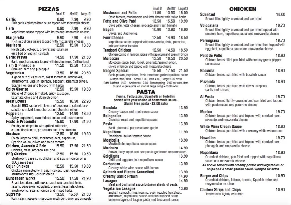 Menu, Bottega B Ristorante