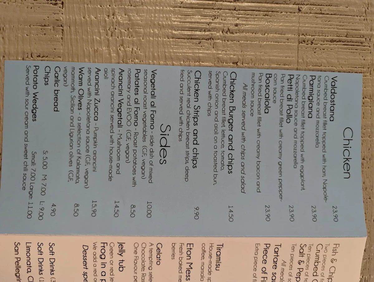Menu, Bottega B Ristorante
