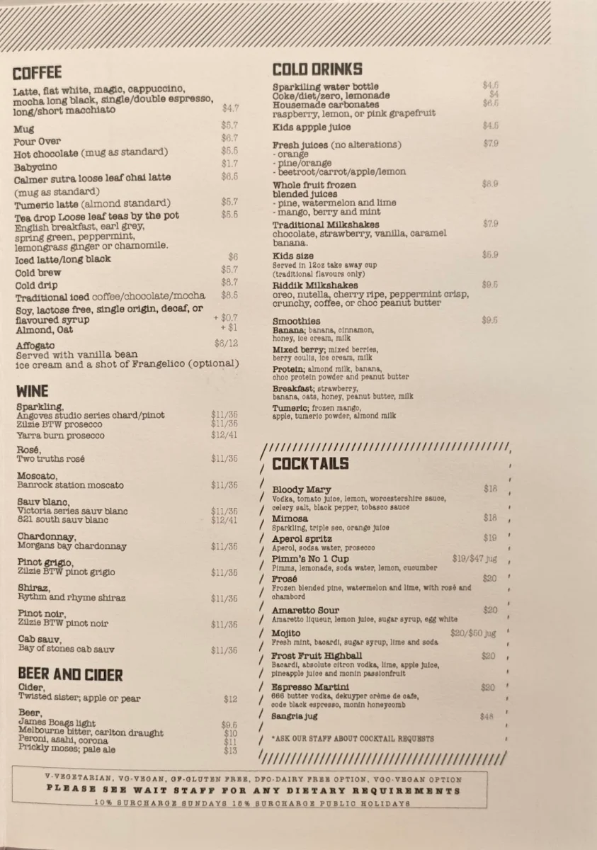 Menu, Riddik Restaurant