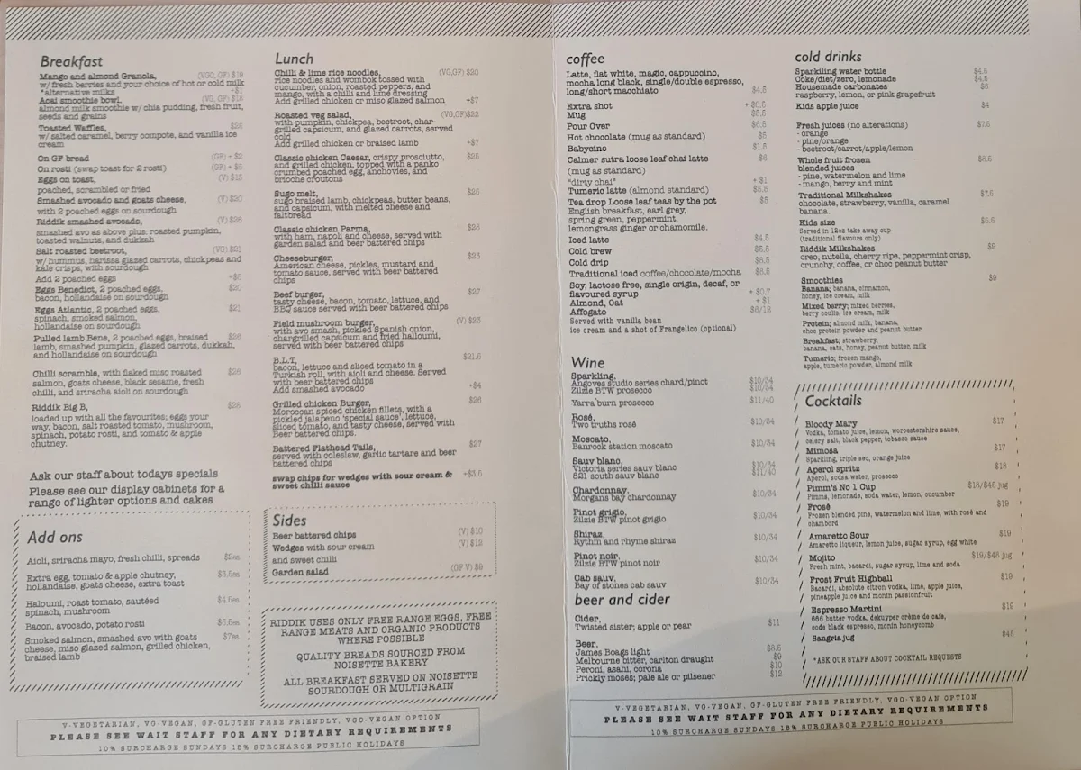 Menu, Riddik Restaurant
