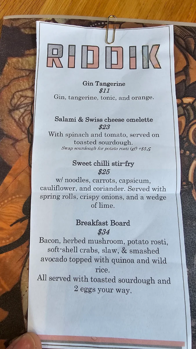 Menu, Riddik Restaurant