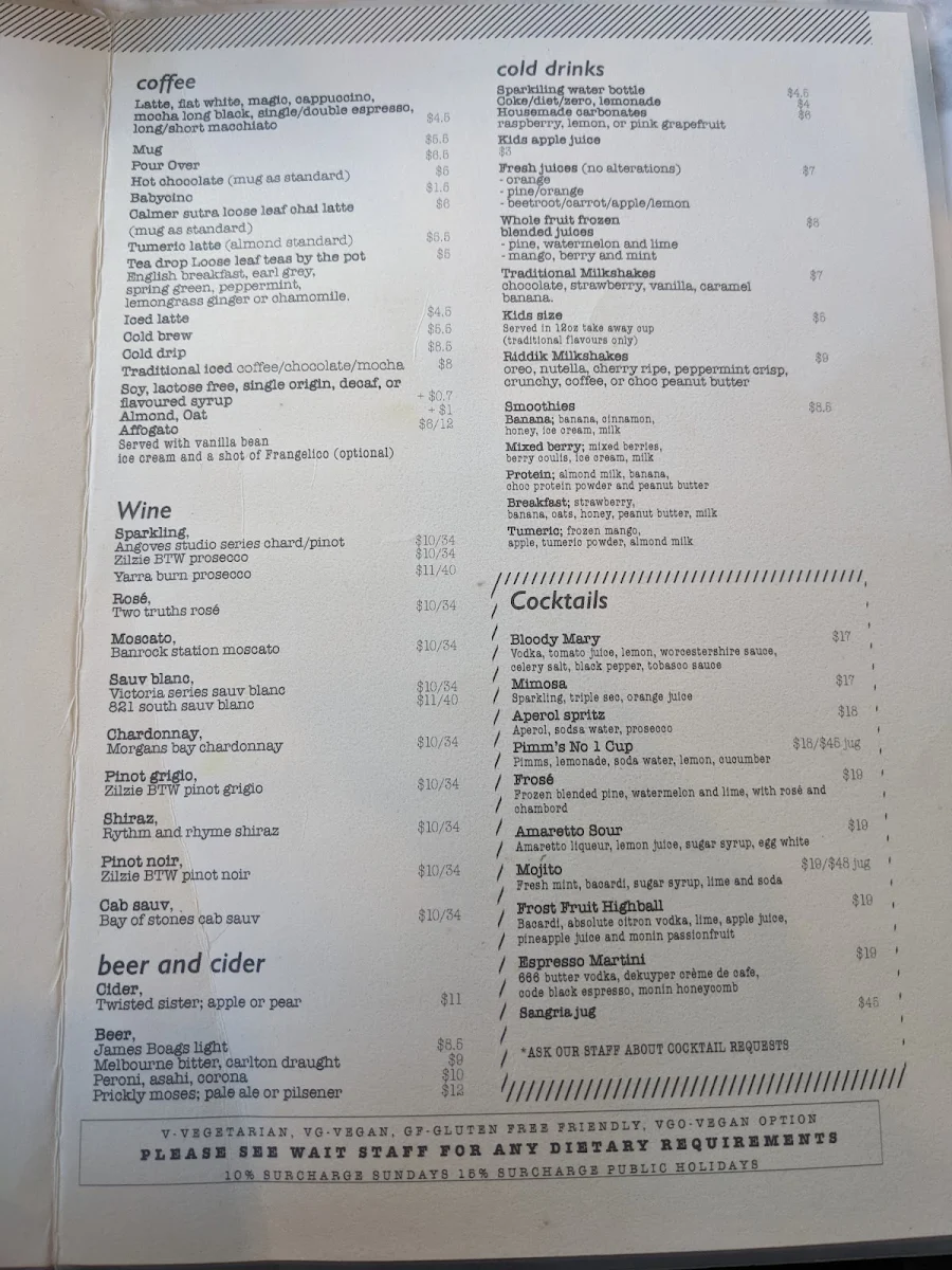 Menu, Riddik Restaurant