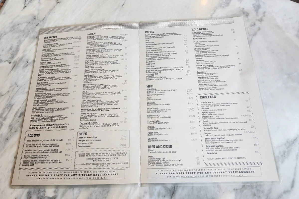 Menu, Riddik Restaurant