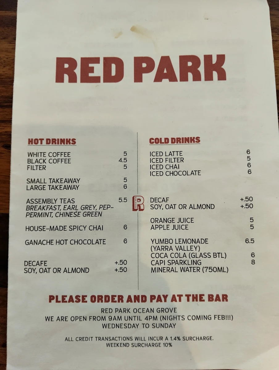 Menu, Red Park