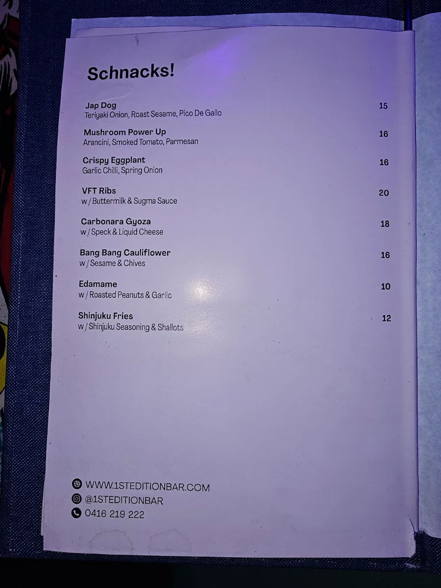 Menu, 1st Edition Bar (Interactive Cocktail lounge and dining)