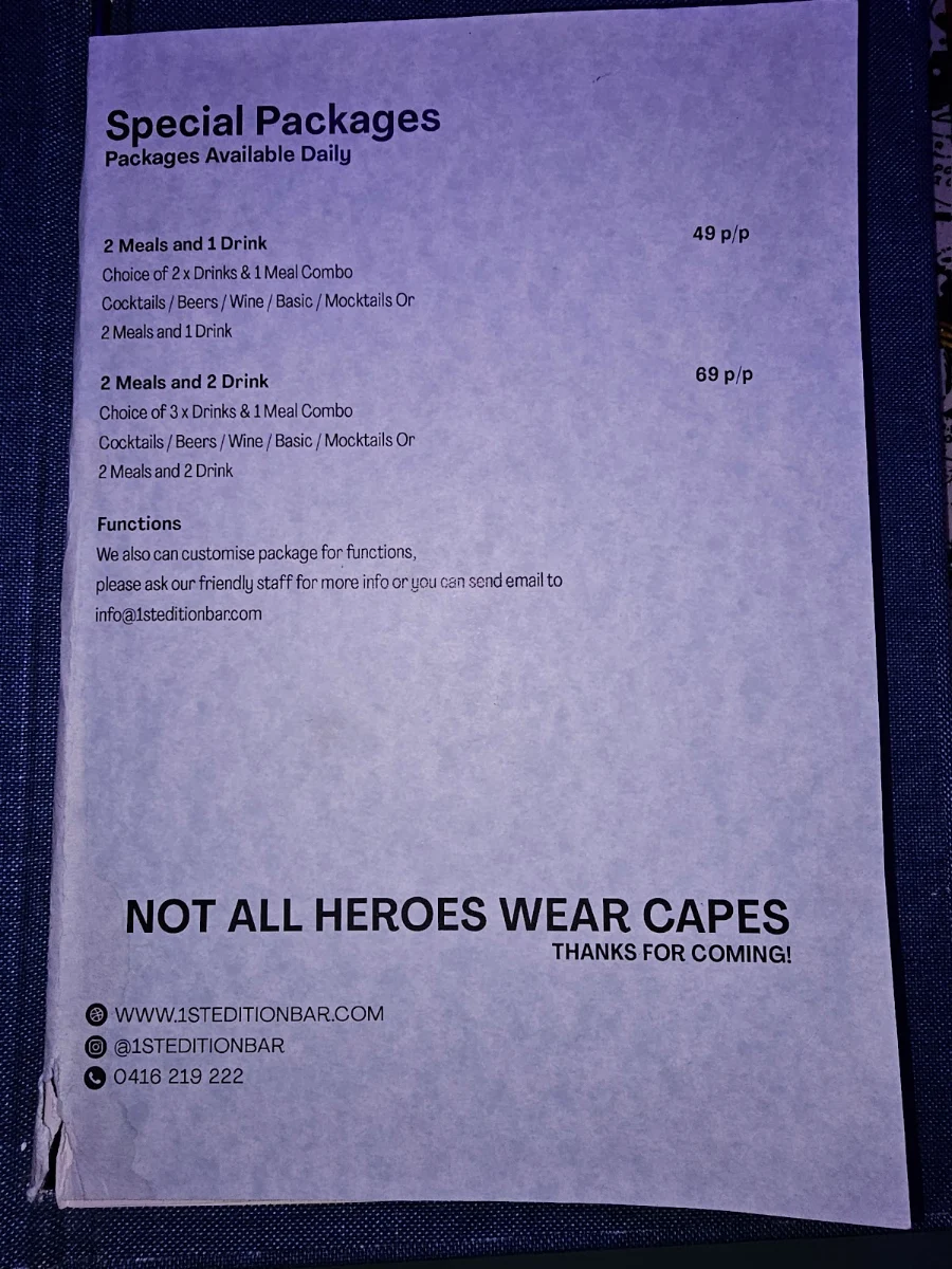 Menu, 1st Edition Bar (Interactive Cocktail lounge and dining)