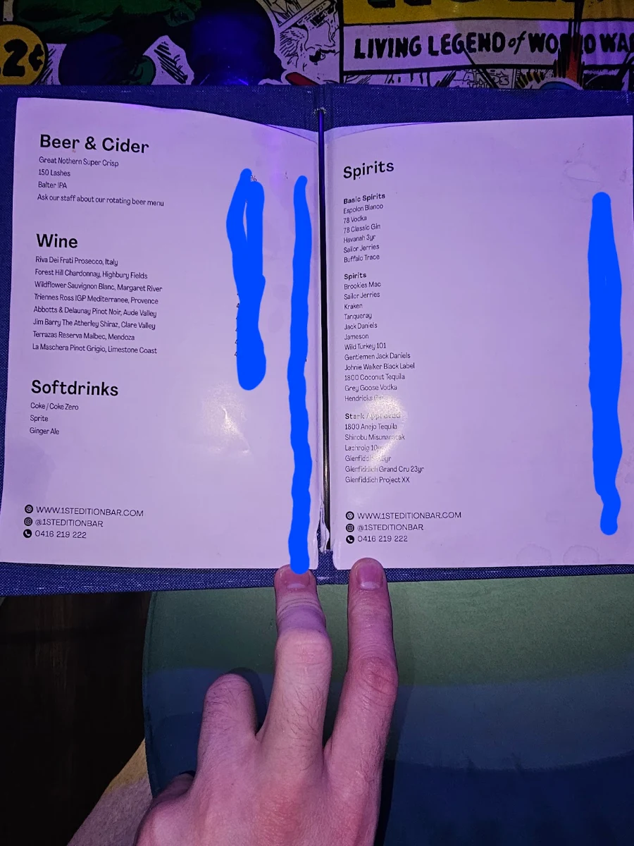 Menu, 1st Edition Bar (Interactive Cocktail lounge and dining)
