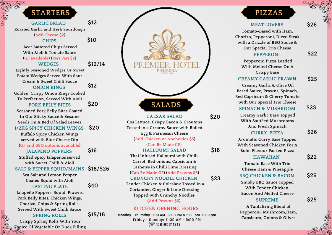 Menu, Premier Hotel Pinjarra