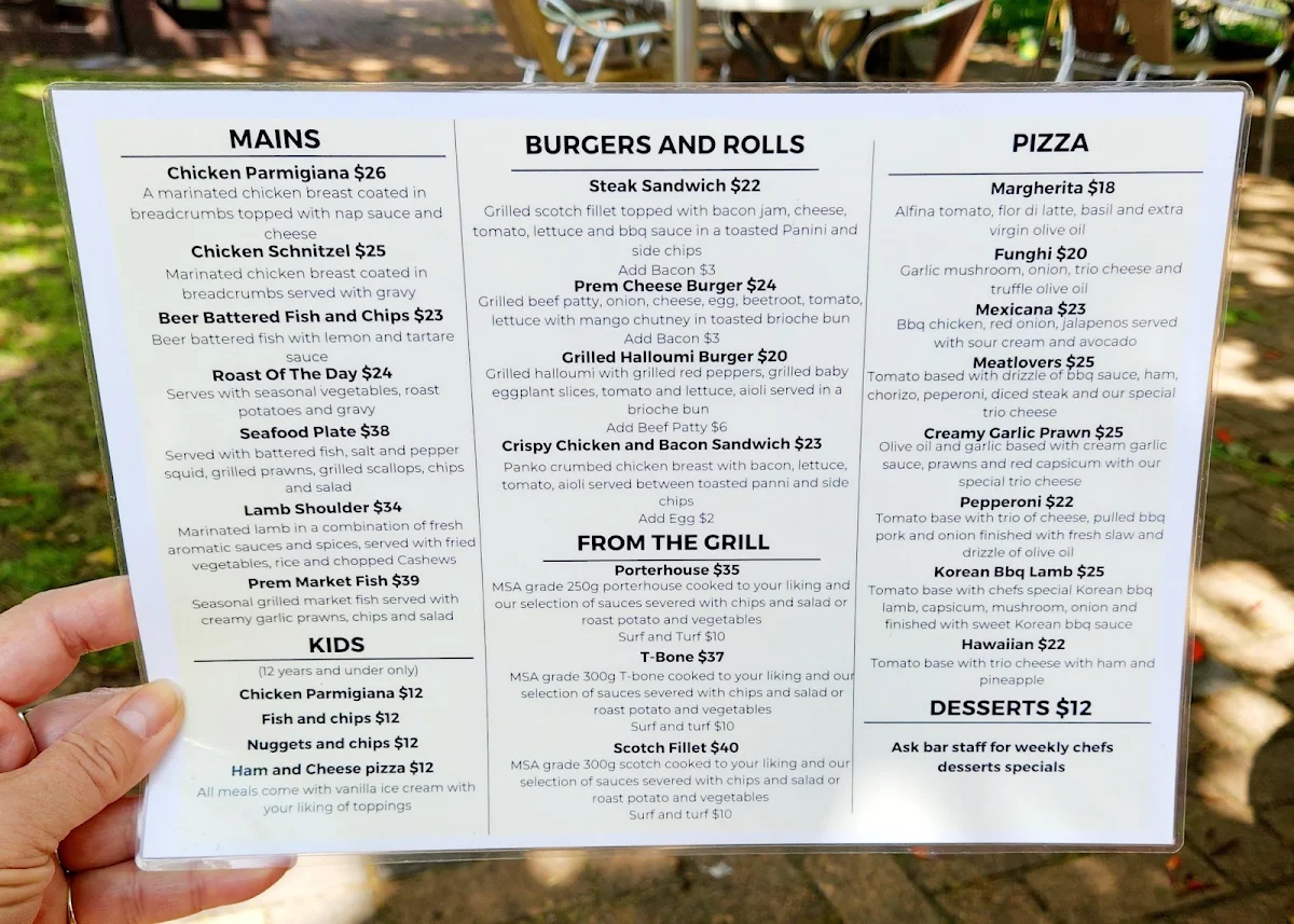 Menu, Premier Hotel Pinjarra