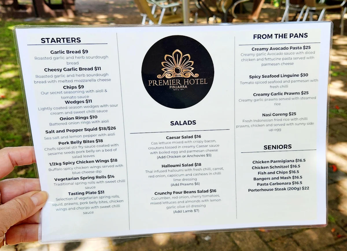 Menu, Premier Hotel Pinjarra