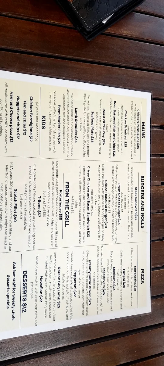 Menu, Premier Hotel Pinjarra