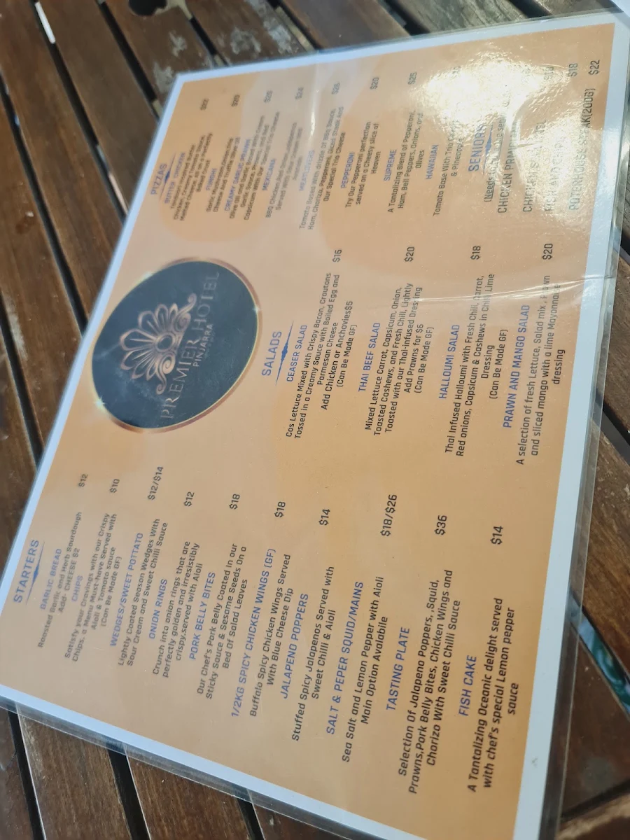 Menu, Premier Hotel Pinjarra