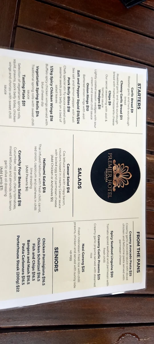 Menu, Premier Hotel Pinjarra