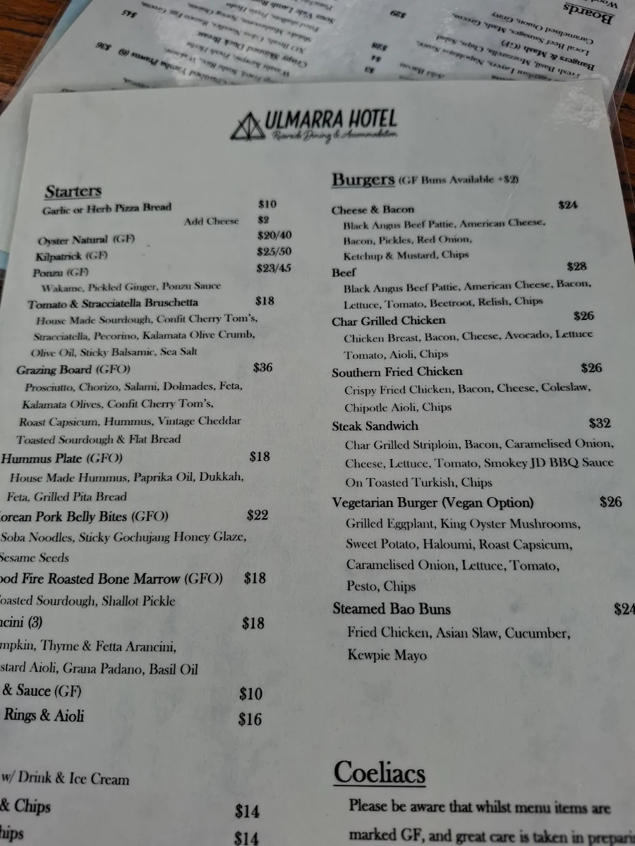 Menu, Ulmarra Hotel Cafe/Restaurant