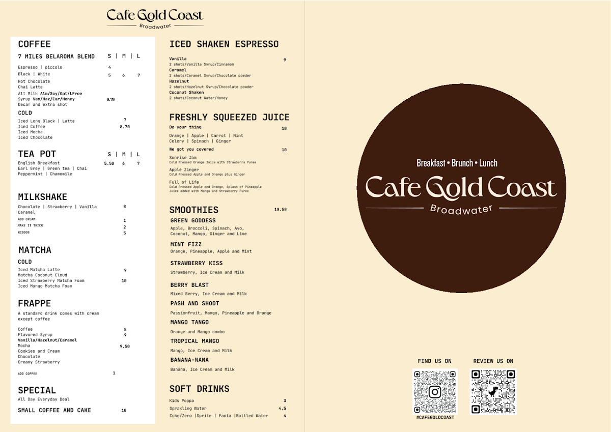 Menu, Cafe Gold Coast