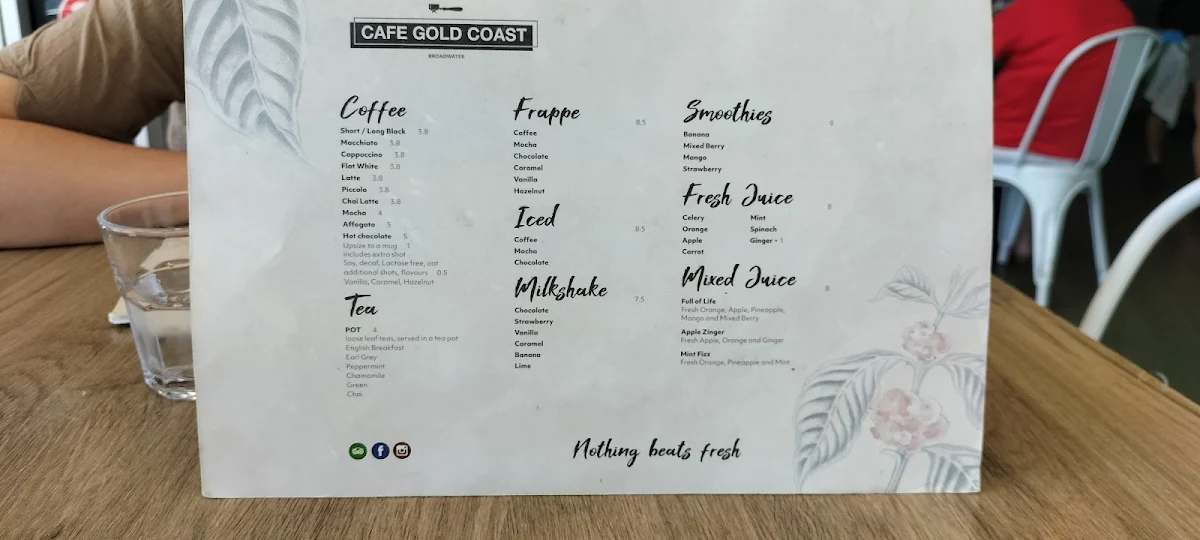 Menu, Cafe Gold Coast