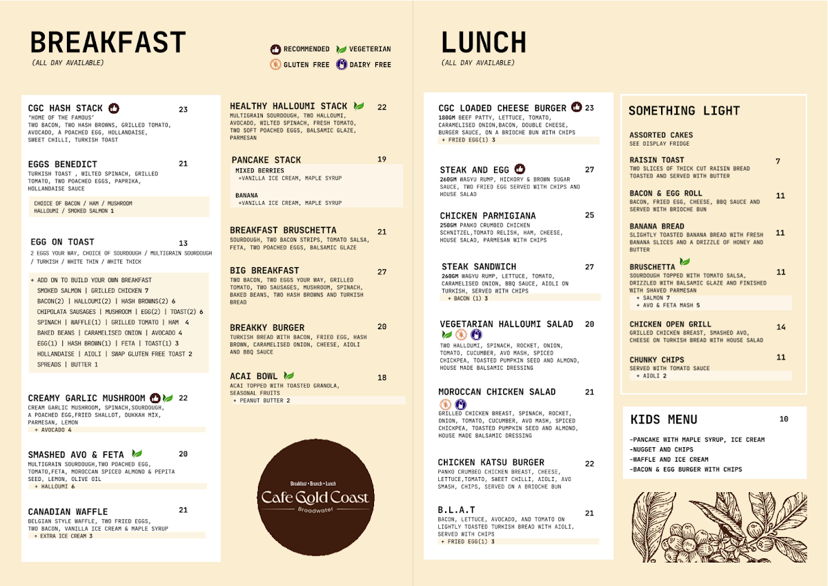 Menu, Cafe Gold Coast