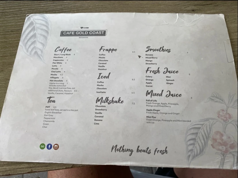 Menu, Cafe Gold Coast