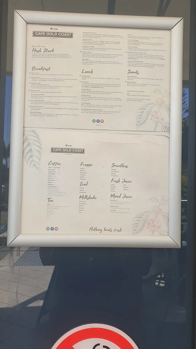 Menu, Cafe Gold Coast