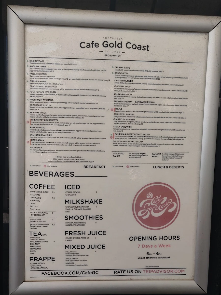 Menu, Cafe Gold Coast