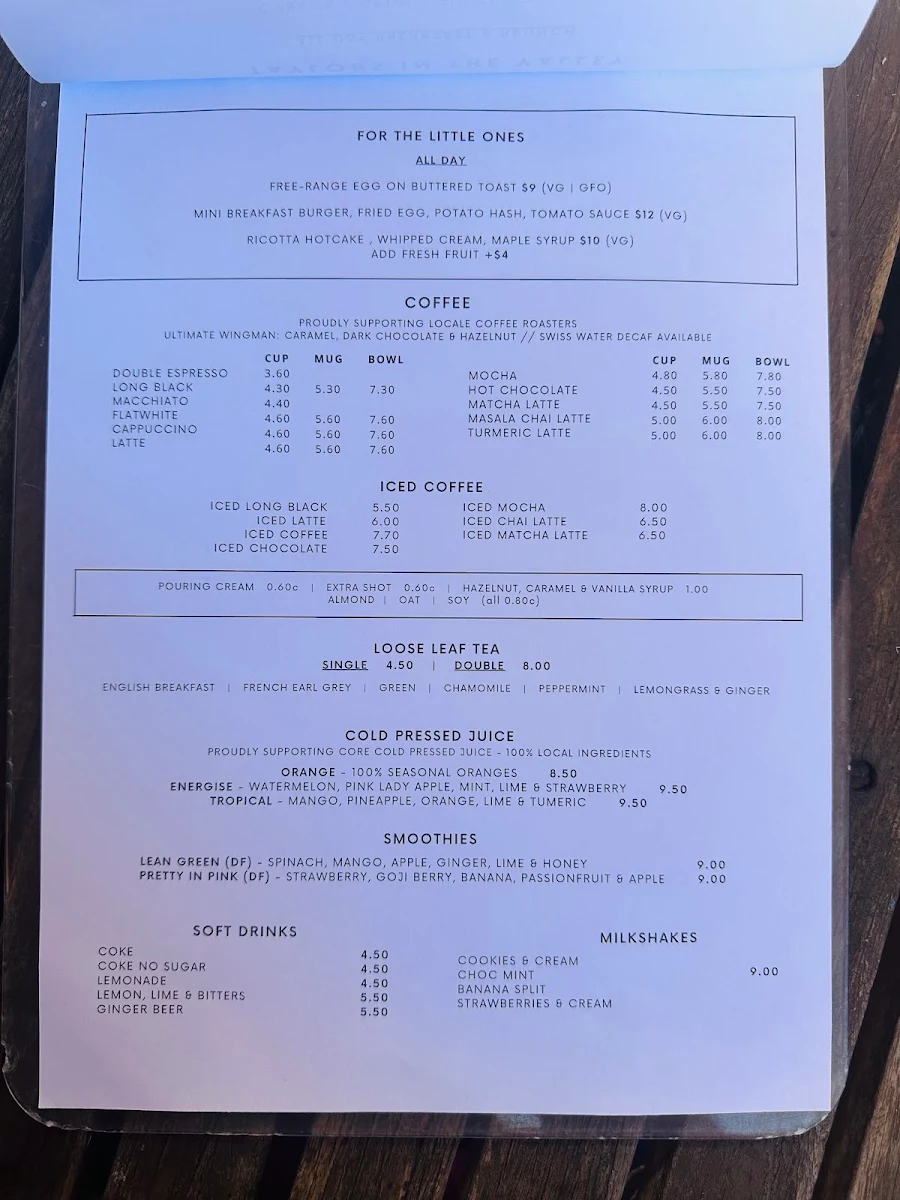 Menu, Taylors In The Valley