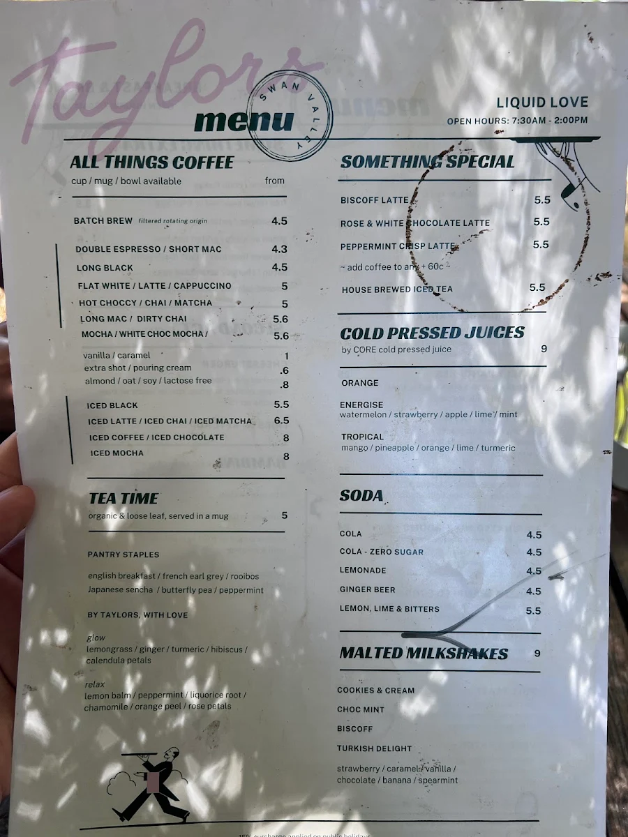 Menu, Taylors In The Valley