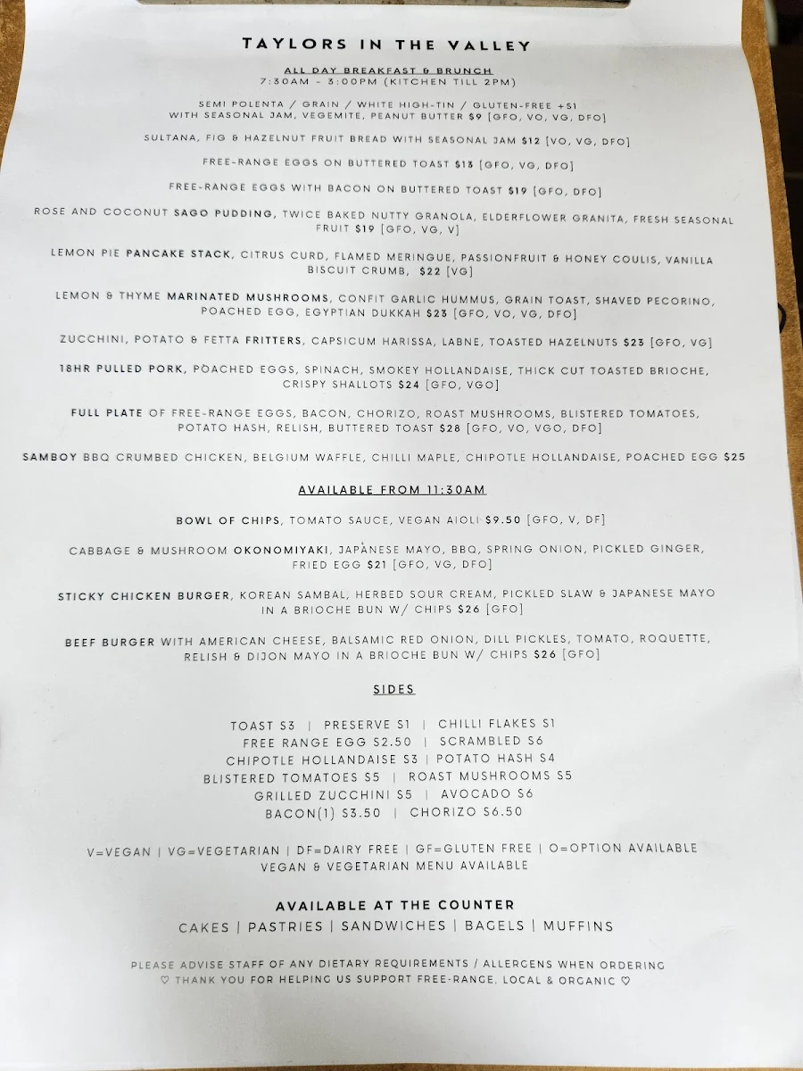 Menu, Taylors In The Valley