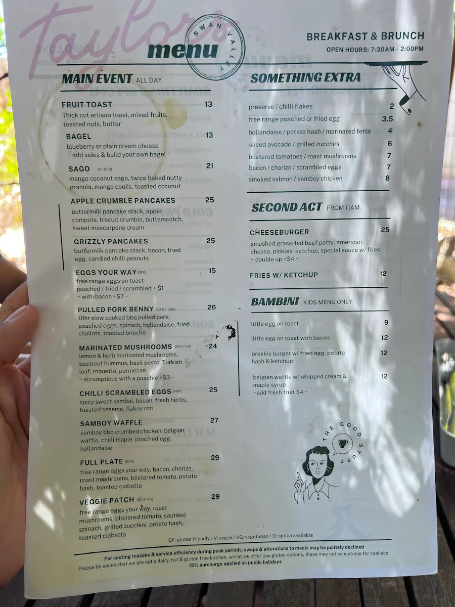 Menu, Taylors In The Valley
