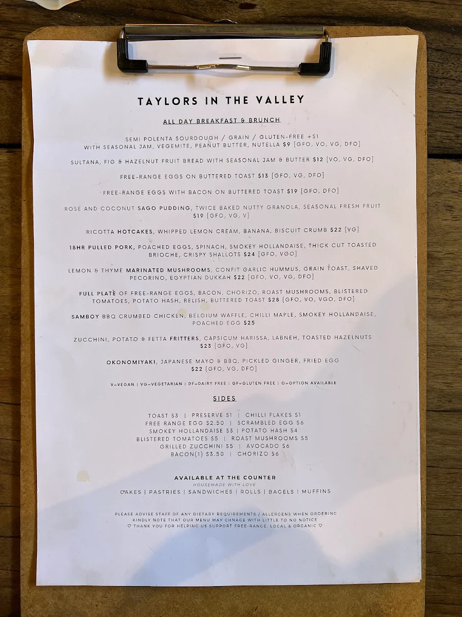 Menu, Taylors In The Valley