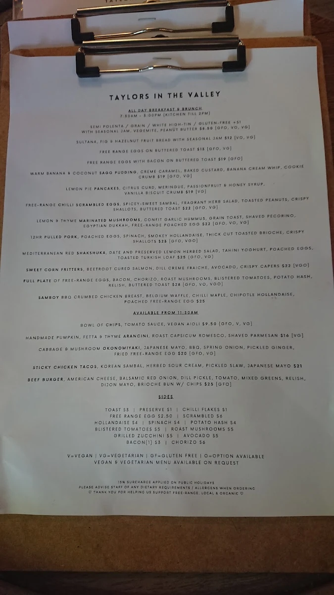 Menu, Taylors In The Valley