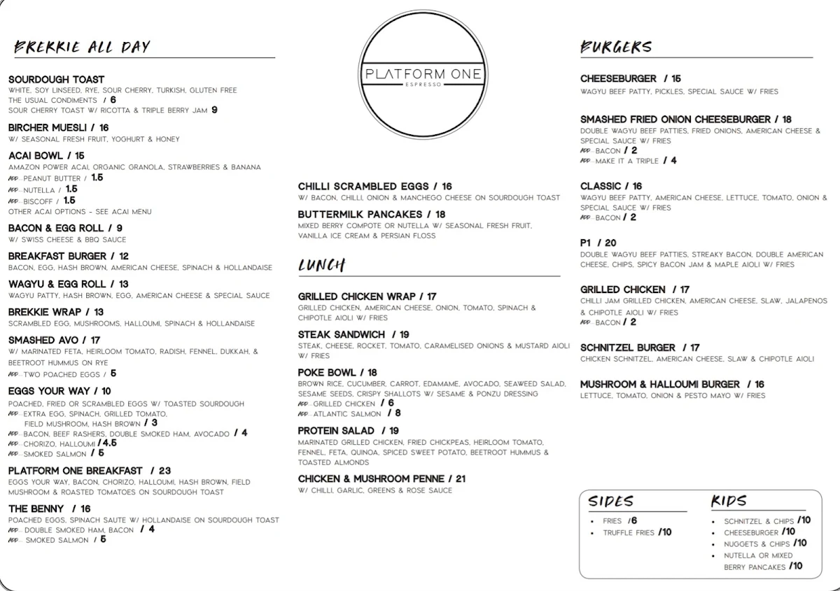 Menu, Platform One Espresso