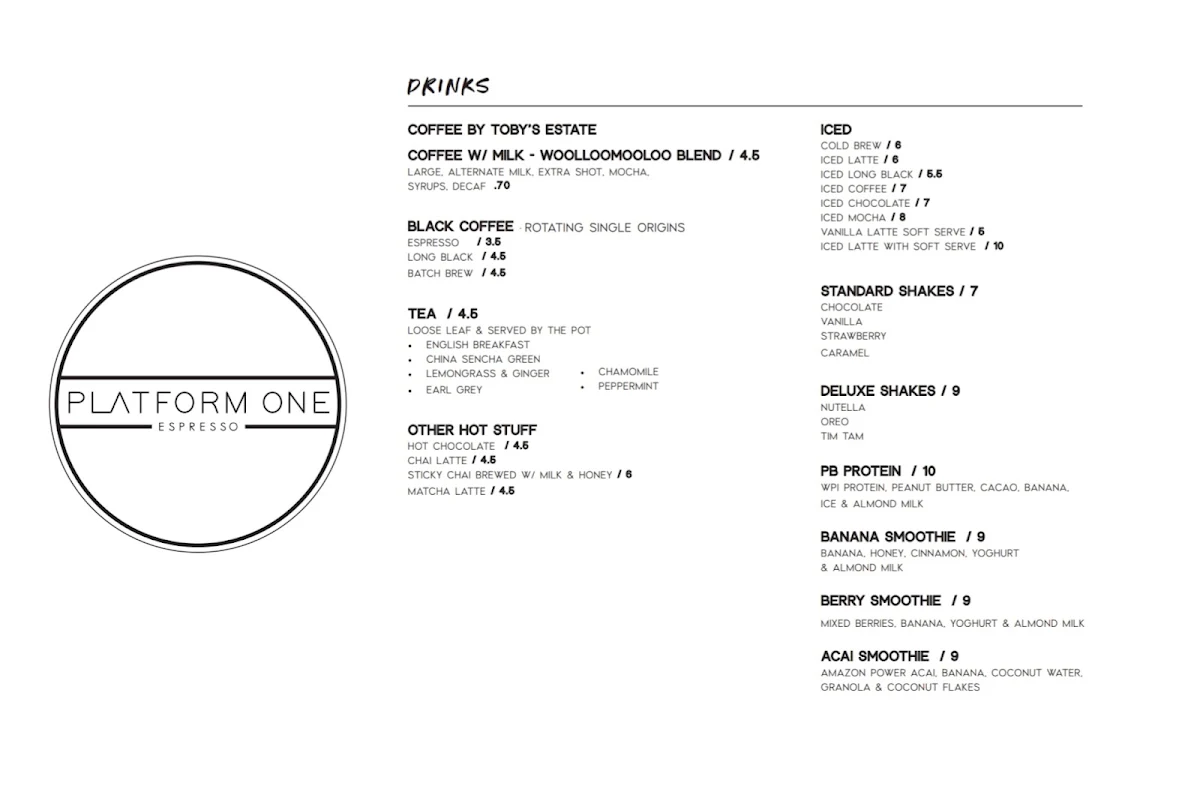 Menu, Platform One Espresso