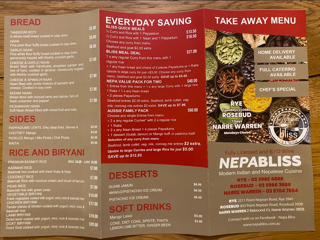 Menu, Nepa Bliss - Rye Modern Indian & Nepalese Cuisine