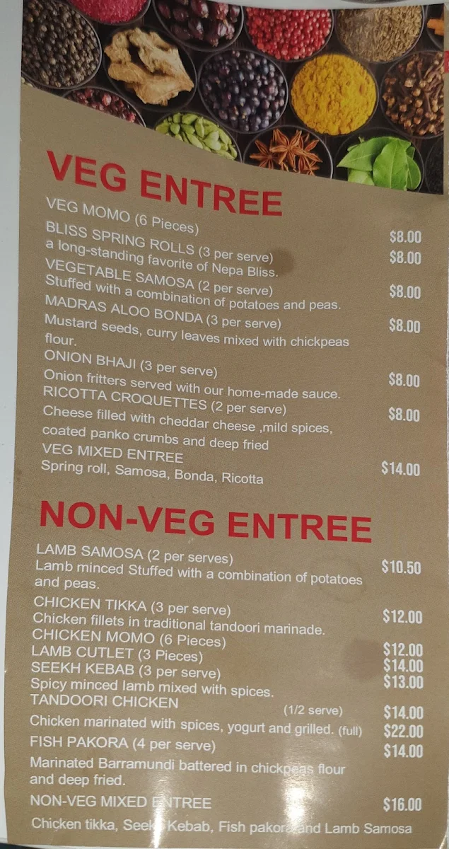 Menu, Nepa Bliss - Rye Modern Indian & Nepalese Cuisine