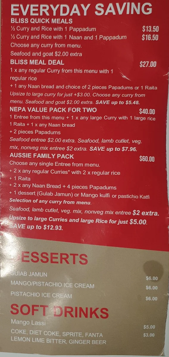 Menu, Nepa Bliss - Rye Modern Indian & Nepalese Cuisine