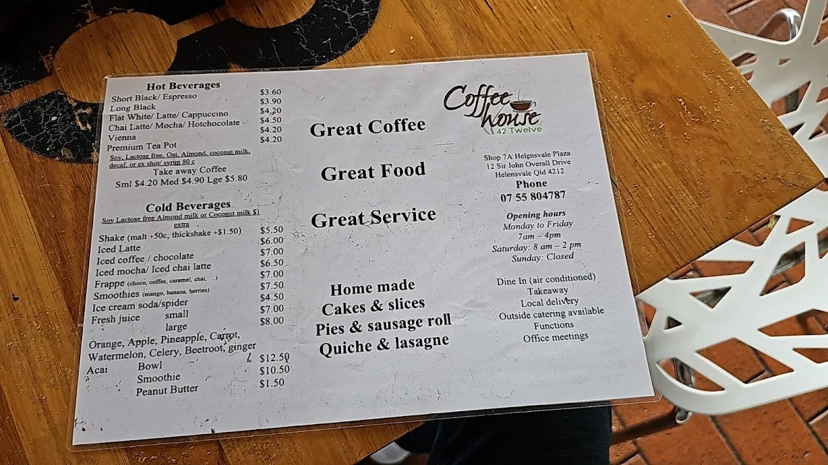 Menu, Coffeehouse 42Twelve
