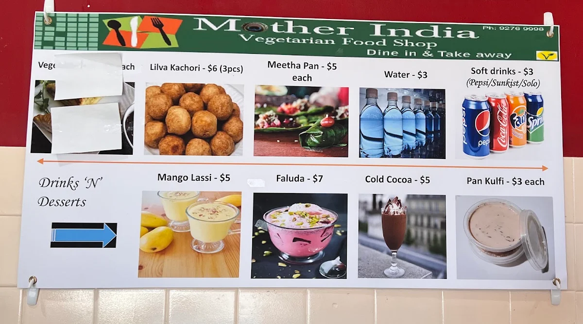 Menu, Mother India Vegetarian