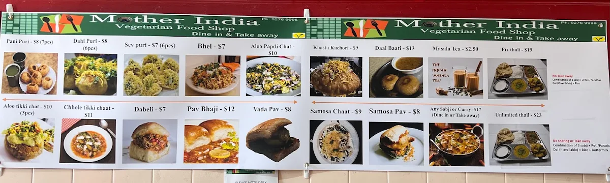Menu, Mother India Vegetarian