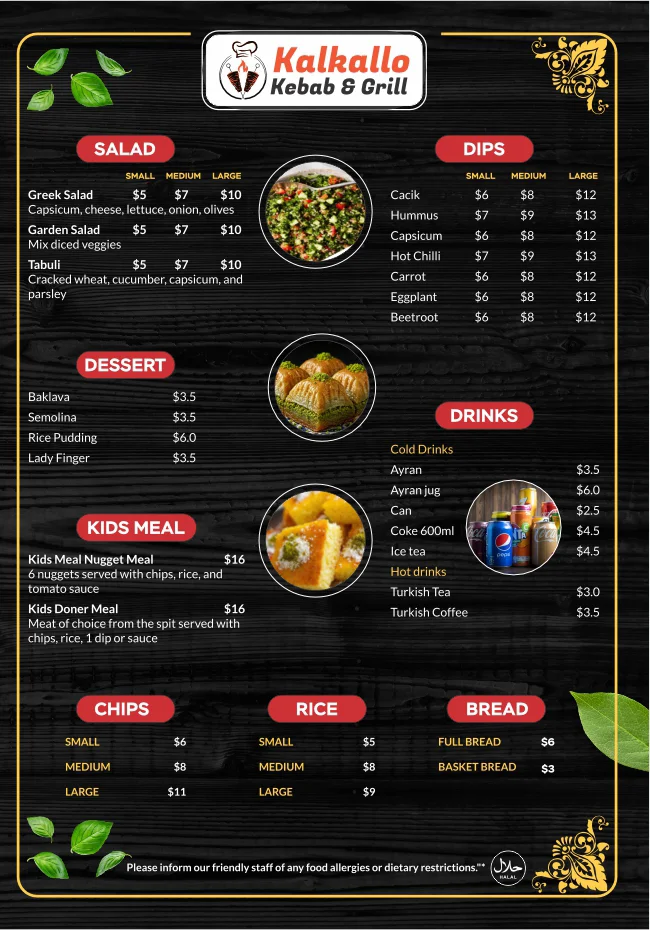 Menu, Kalkallo Kebab and Grill