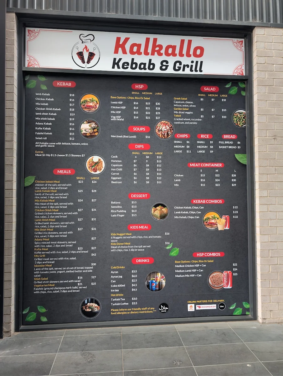 Menu, Kalkallo Kebab and Grill
