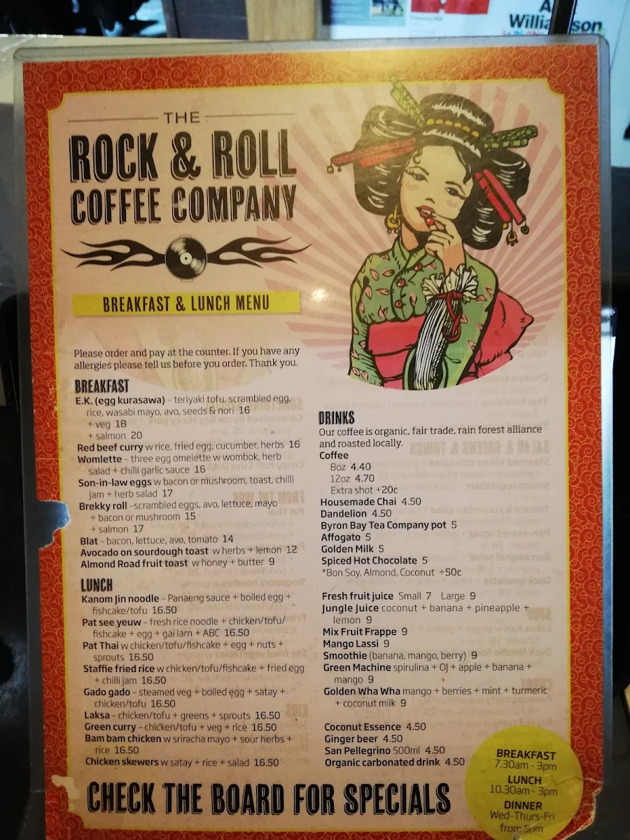 Menu, The Rock & Roll Coffee Company