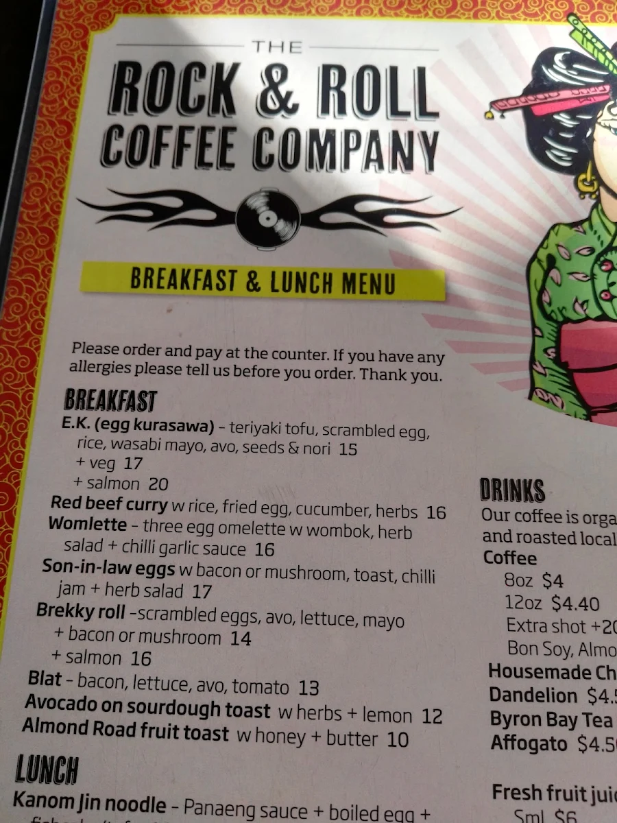 Menu, The Rock & Roll Coffee Company