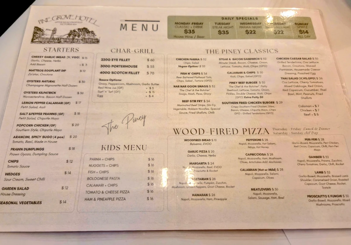 Menu, Pine Grove Hotel