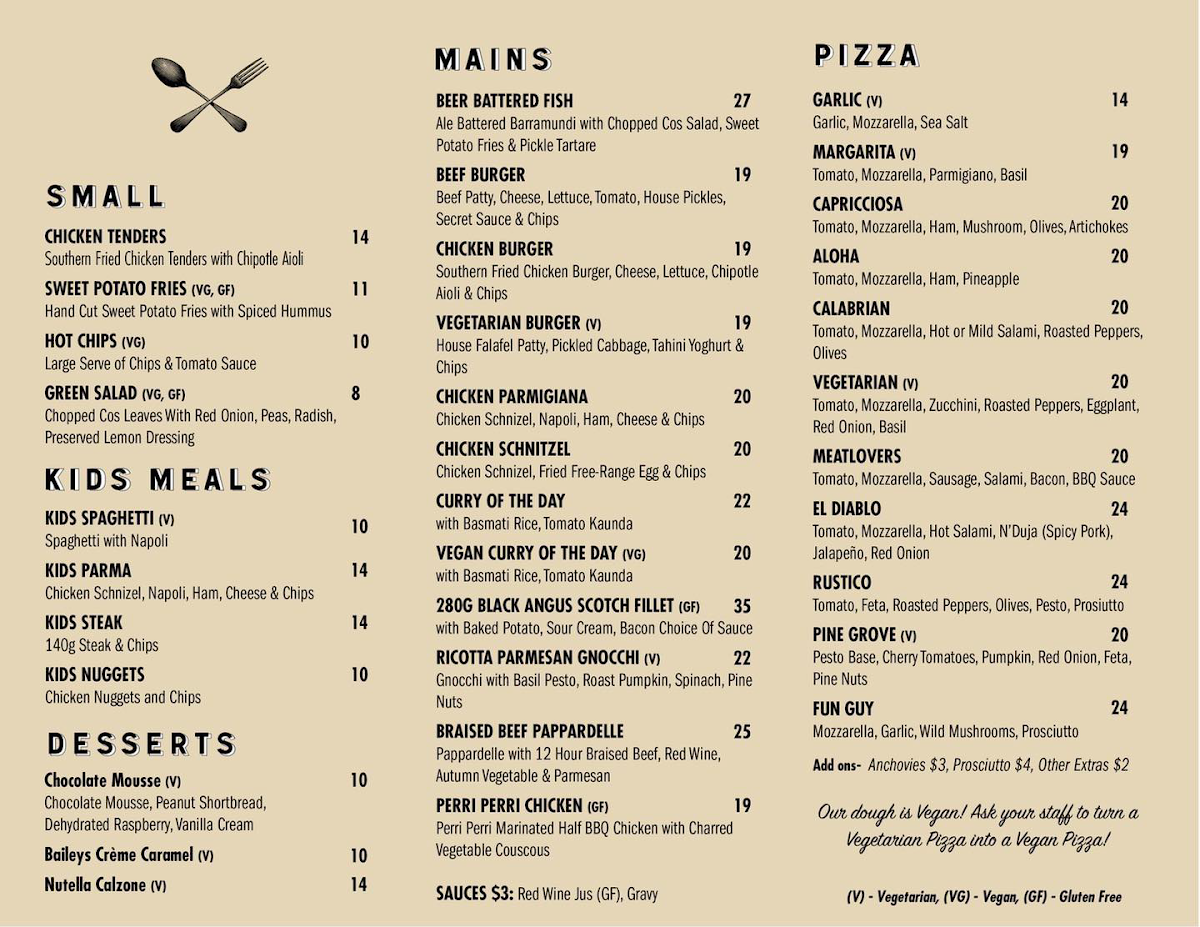 Menu, Pine Grove Hotel