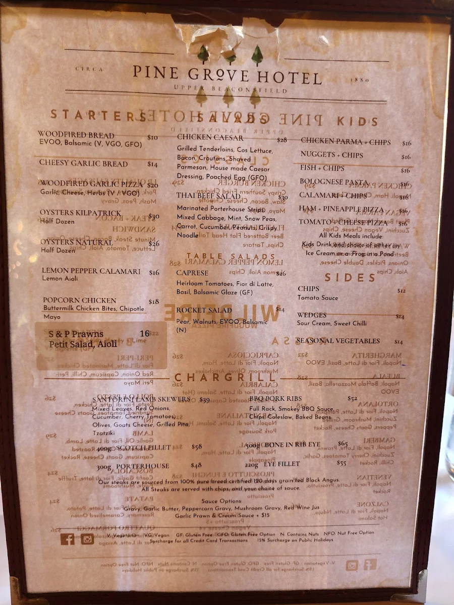Menu, Pine Grove Hotel